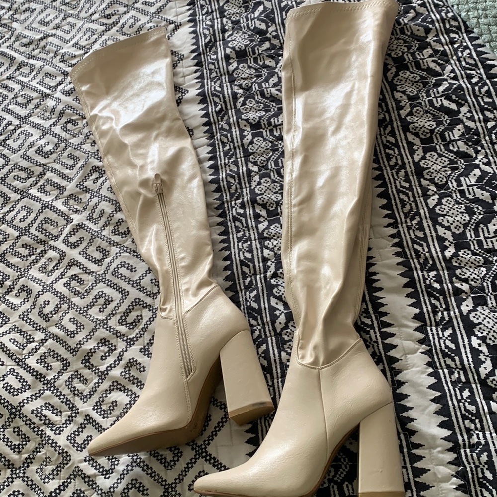Cream Knee high boots